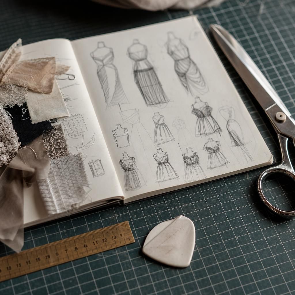 Open fashion sketchbook with swatches and tailoring tools