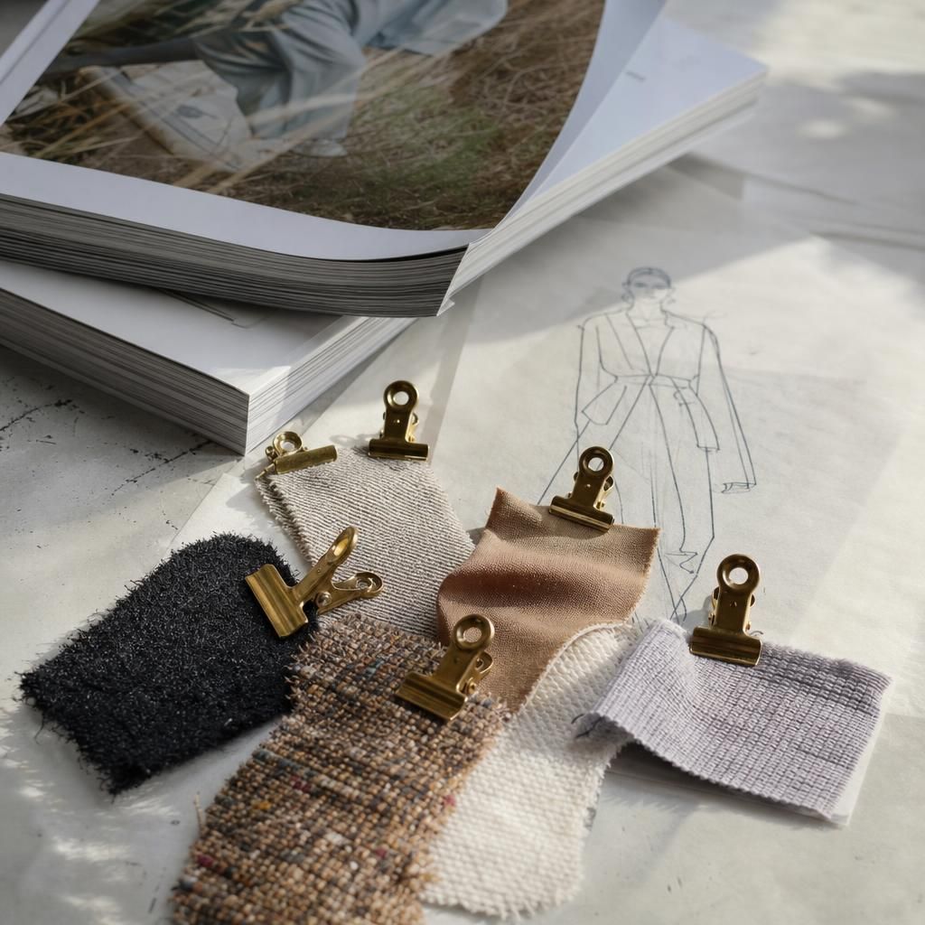 Fashion magazines, tracing paper, and fabric swatches on a table