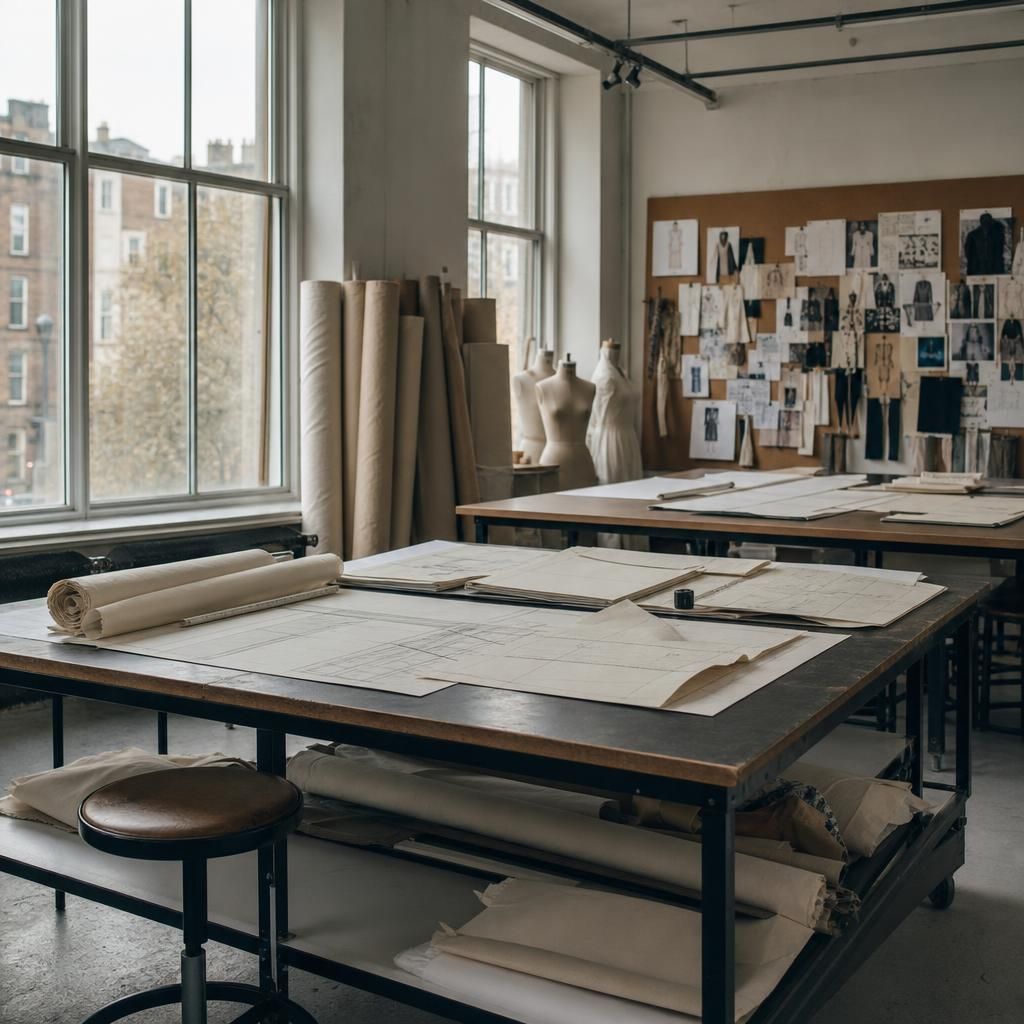 Empty London fashion studio with tables and mood boards