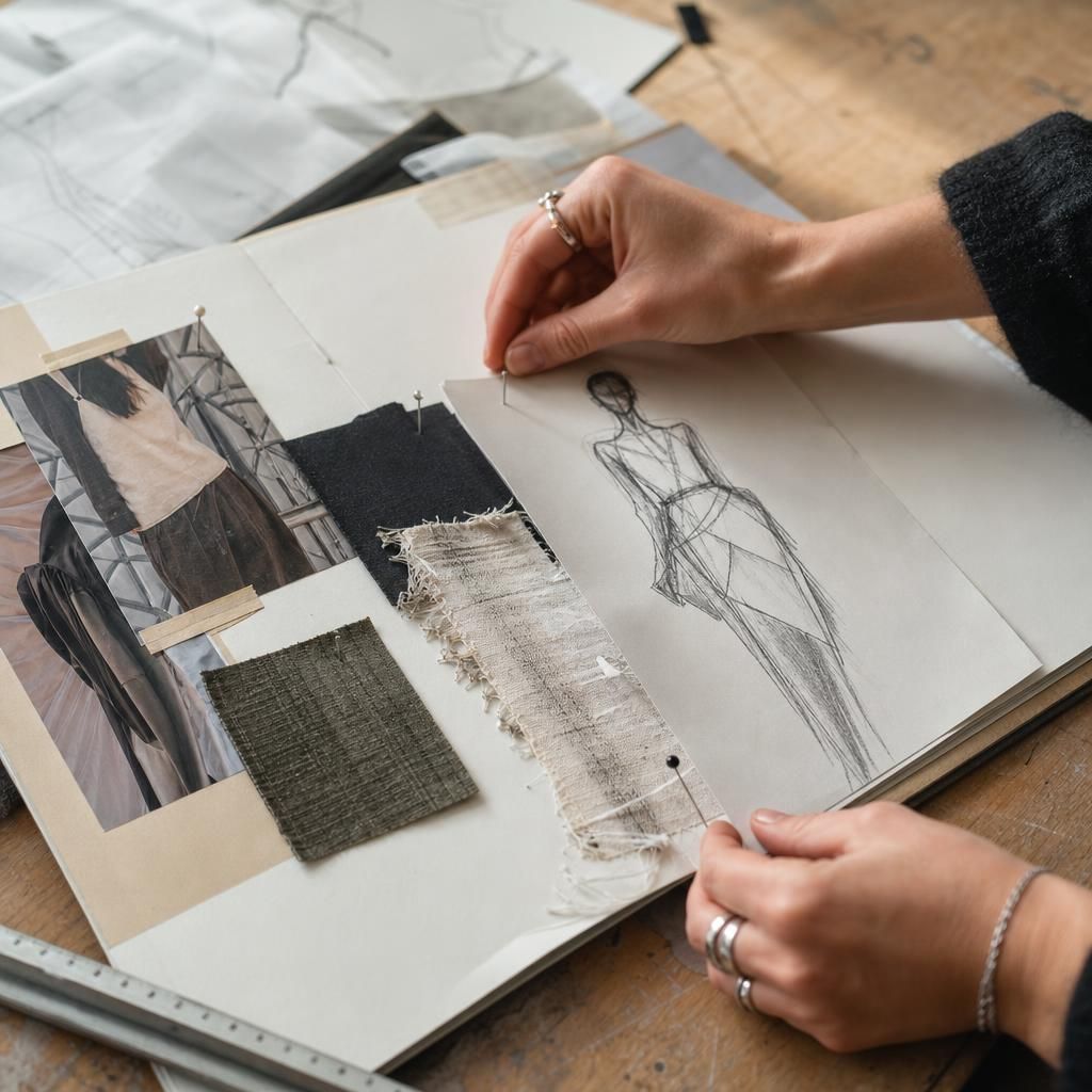 Hands arranging a fashion portfolio and sketch pages