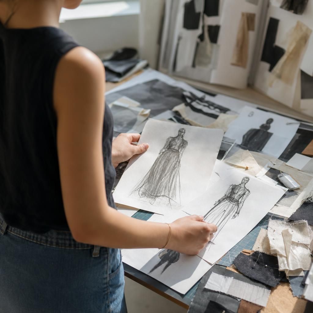 Hands sorting fashion sketches and fabric swatches on a studio table