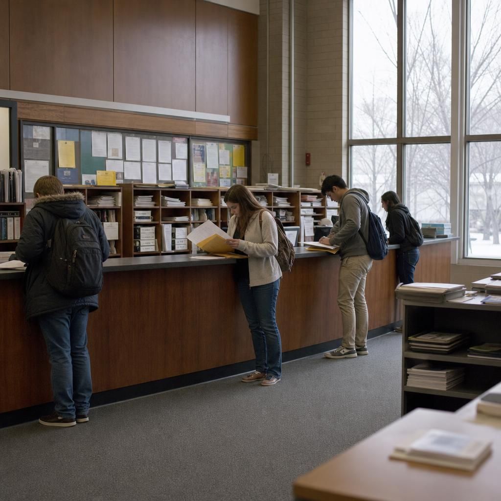 Applicants organizing documents at university admissions office