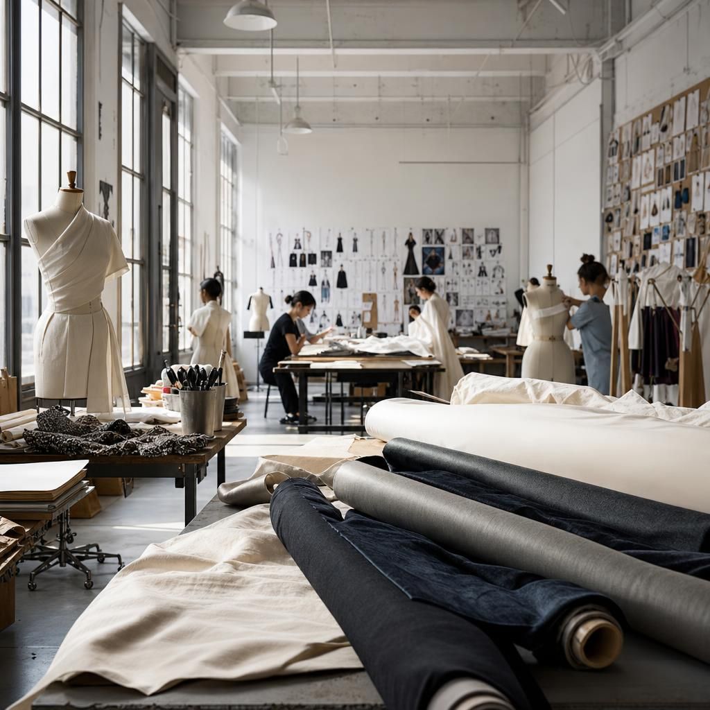 wide fashion studio with dress forms and fabric rolls