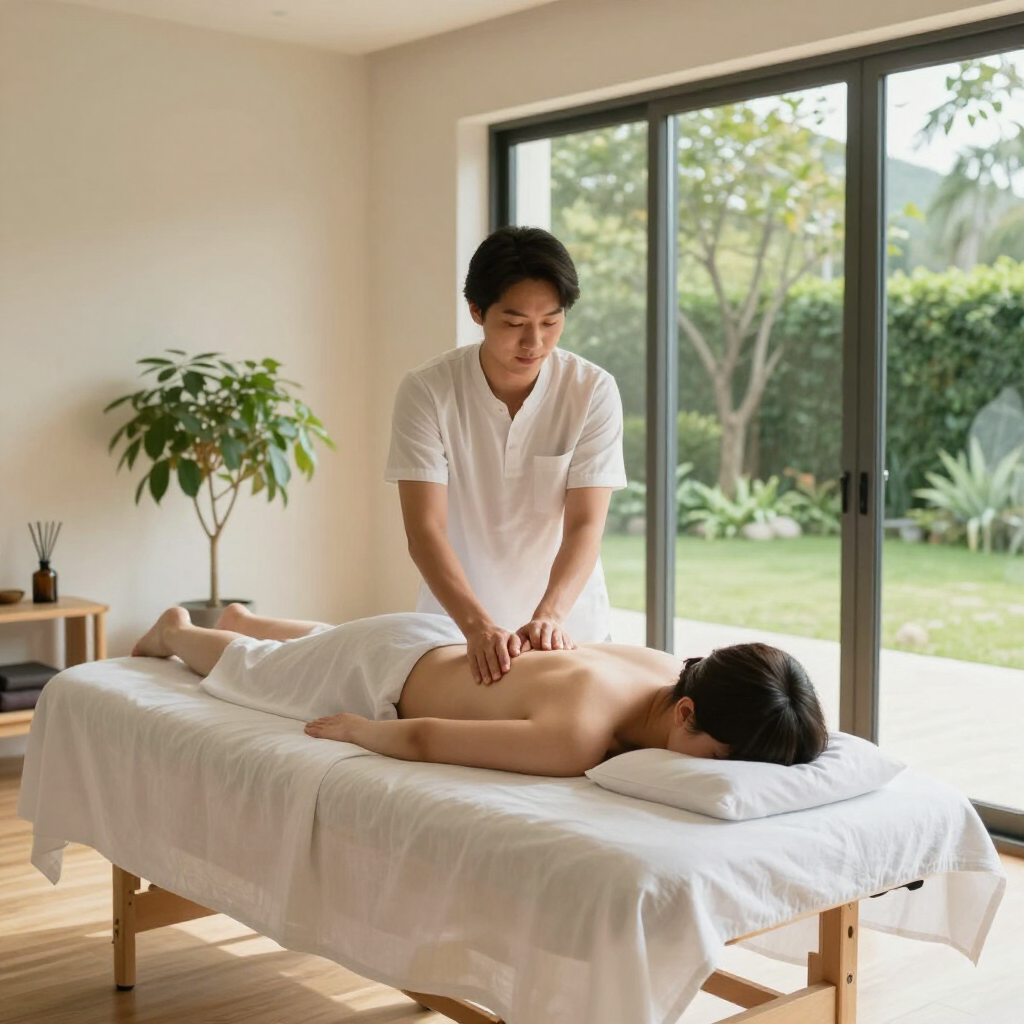 Massage therapist giving a back massage on a table in a bright room with garden view