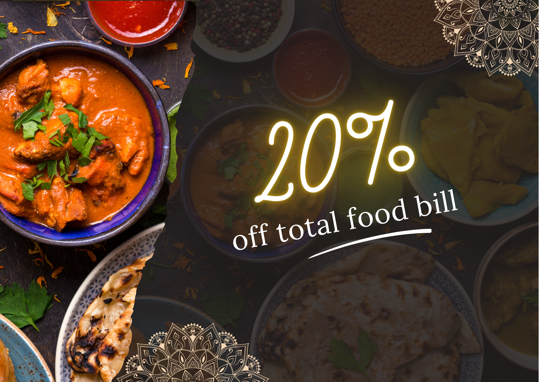 Indian food with a 20% off discount promotion.