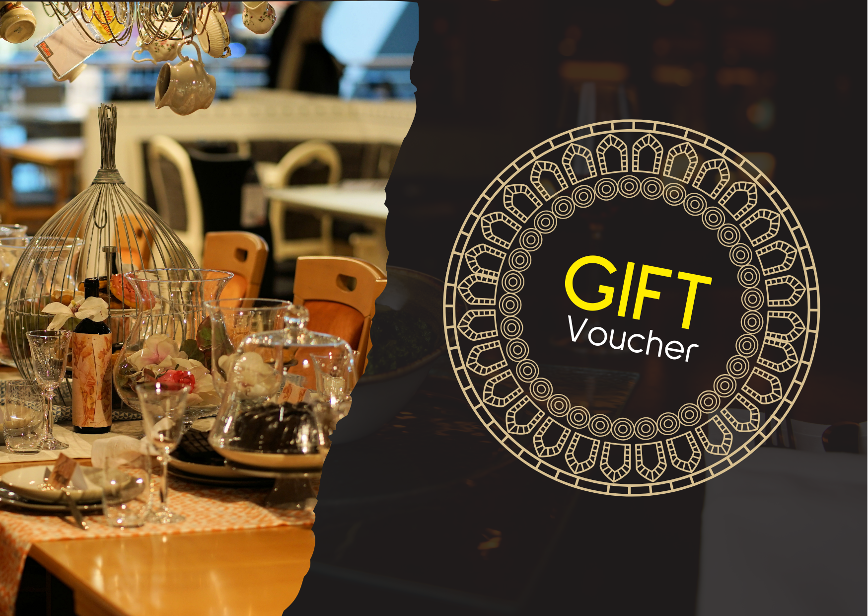 Gift voucher on a dark background, overlaid on a restaurant interior with tables and glassware.