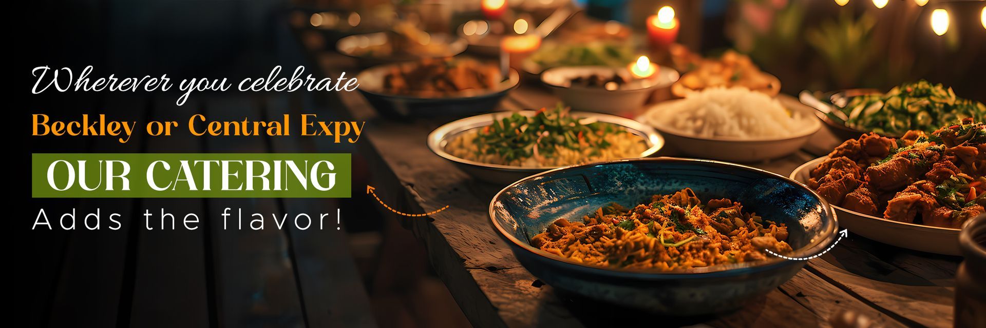 Catering ad with bowls of food and text “Our Catering Adds the flavor!”