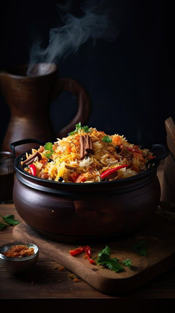 Steaming bowl of mixed rice and vegetables on a wooden board, lit dramatically in a dark setting