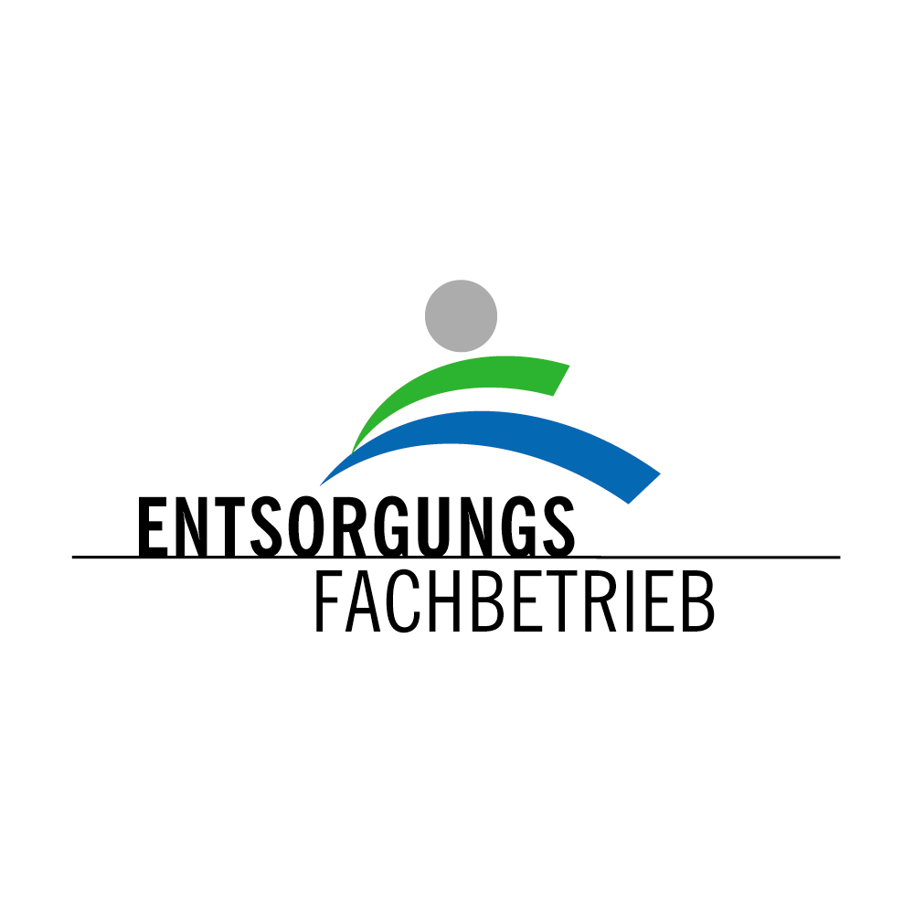 Logo Entsorgungsfachbetrieb. GRauer Kreis, grüner und blauer abgerundeter Strich, schwarze Beschriftung ENSTORGUNGS FACHBETRIEB.