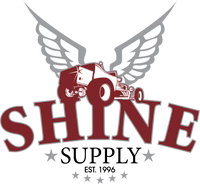 Logo for Shine Supply: red hot rod with wings, red text 