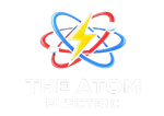 Logo of "The Atom Electric". Atom model with a lightning bolt through it in white, blue, red, and yellow.