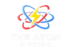 Logo of "The Atom Electric". Atom model with a lightning bolt through it in white, blue, red, and yellow.