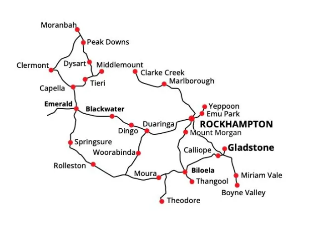 Black-and-white map with red route lines linking towns — Fitzroy Fire and Safety in Kawana, QLD