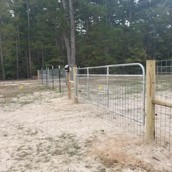 Wire fence gate along a sandy dirt path at the edge of a wooded area