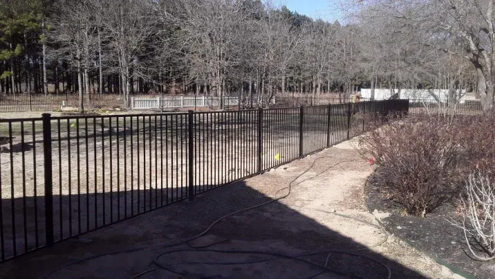 Stone walkway beside black metal fence in a park with leafless trees and shrubs