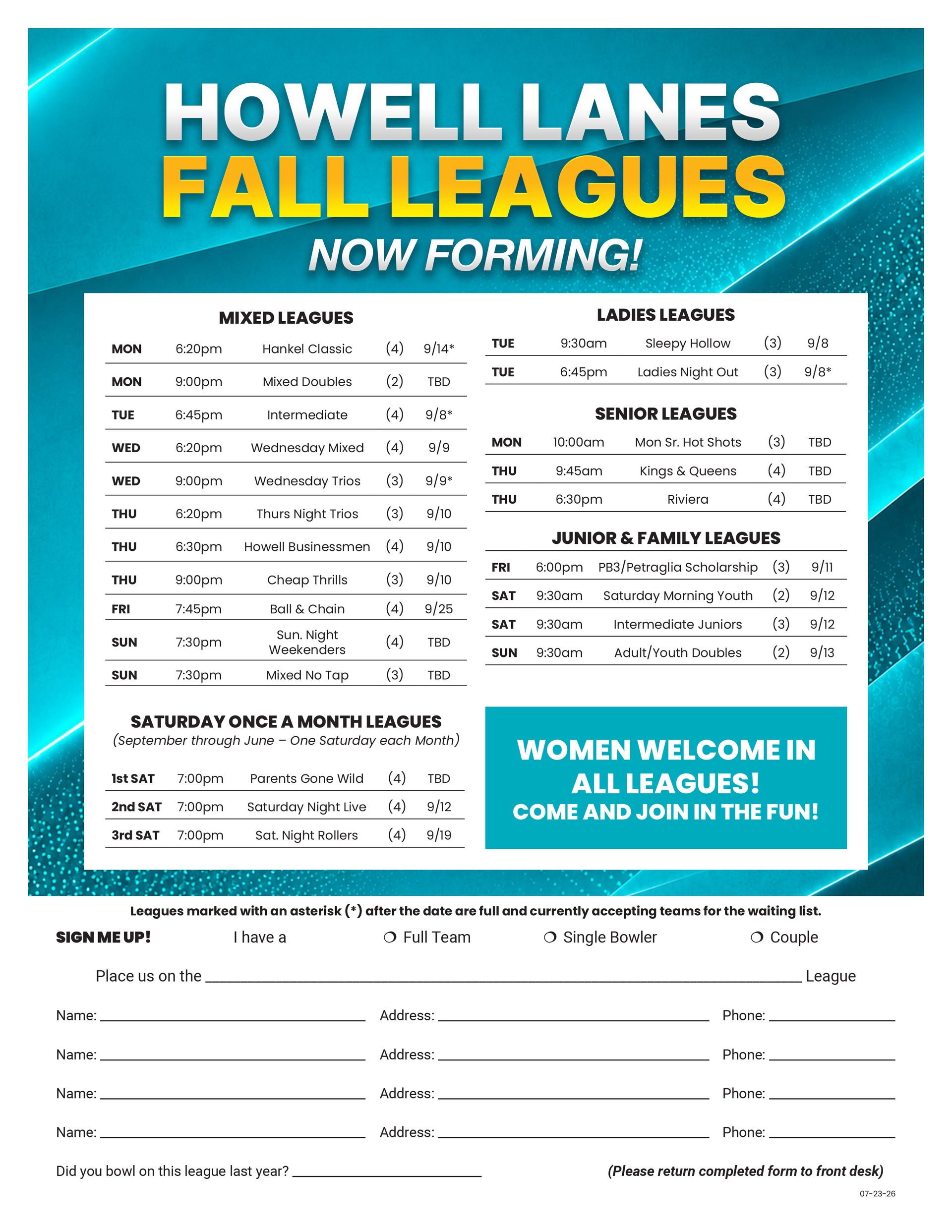 Howell Lanes flyer promoting fall bowling leagues with schedule and sign-up form