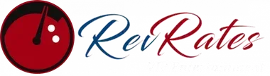 RevRates VIP Entertainment logo in blue and red with elegant text style