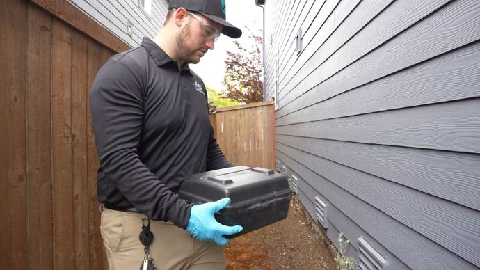Person in blue gloves carries a black toolbox beside a house exterior.