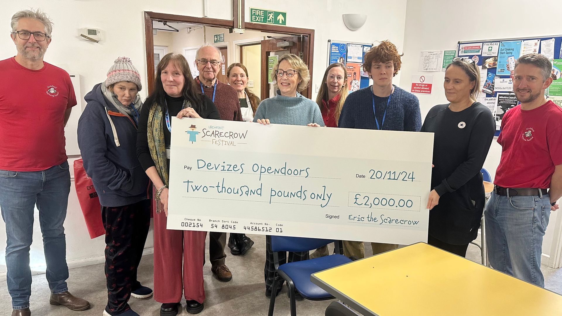  Urchfont Scarecrow Festival Charity committee presented Devizes Opendoors with a £2,000 donation