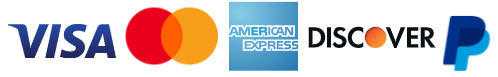 Logos of Visa, Mastercard, American Express, Discover, and PayPal.