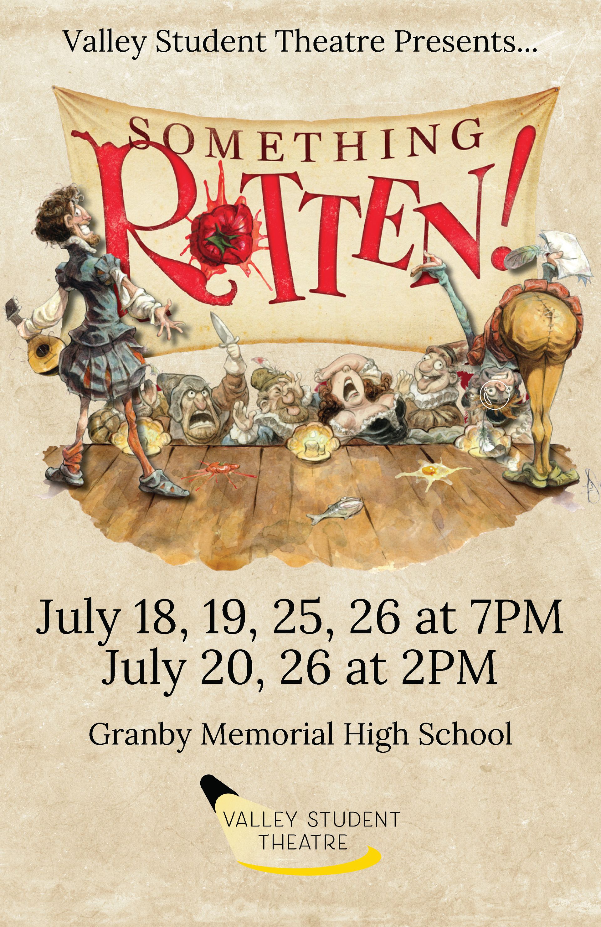 Poster for "Something Rotten!" at Granby Memorial High School. Dates: July 18-26. Shows at 7PM & 2PM.