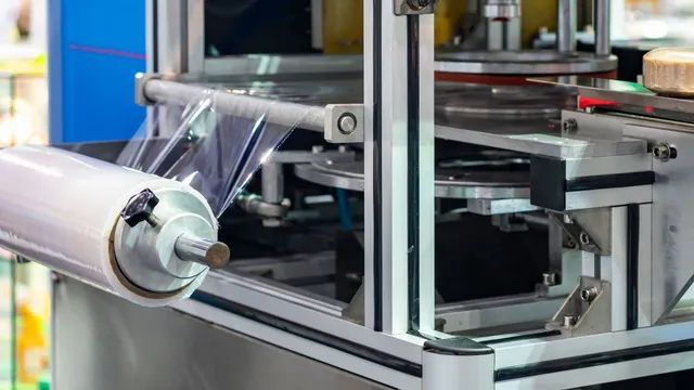 A machine is making plastic bags in a factory.