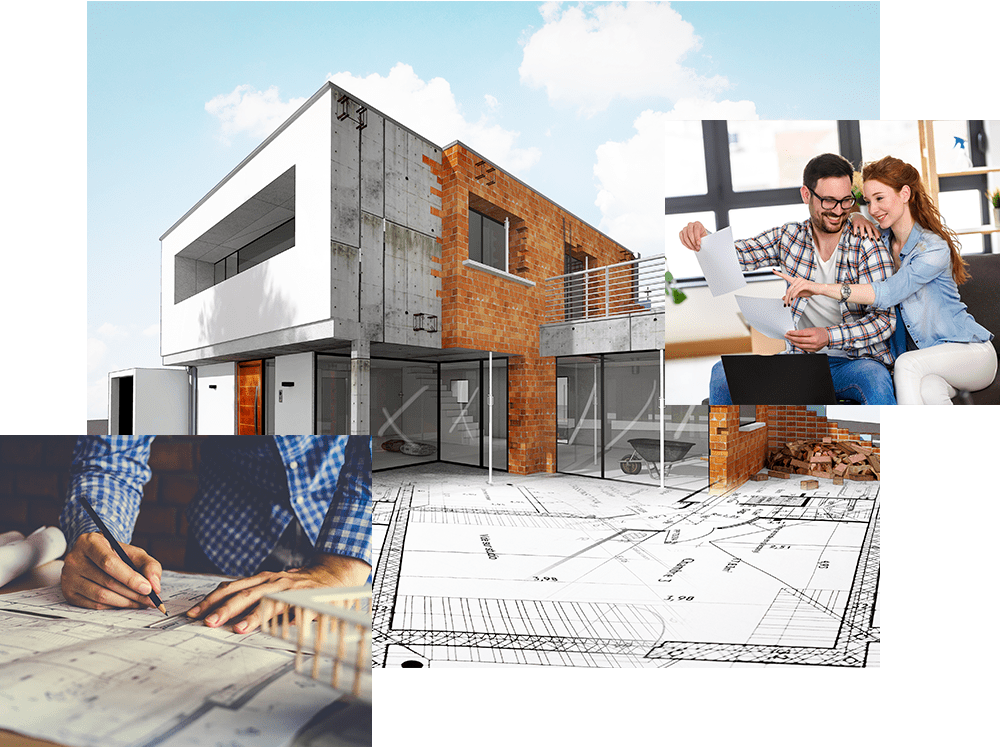 A man and woman are standing in front of a house under construction.