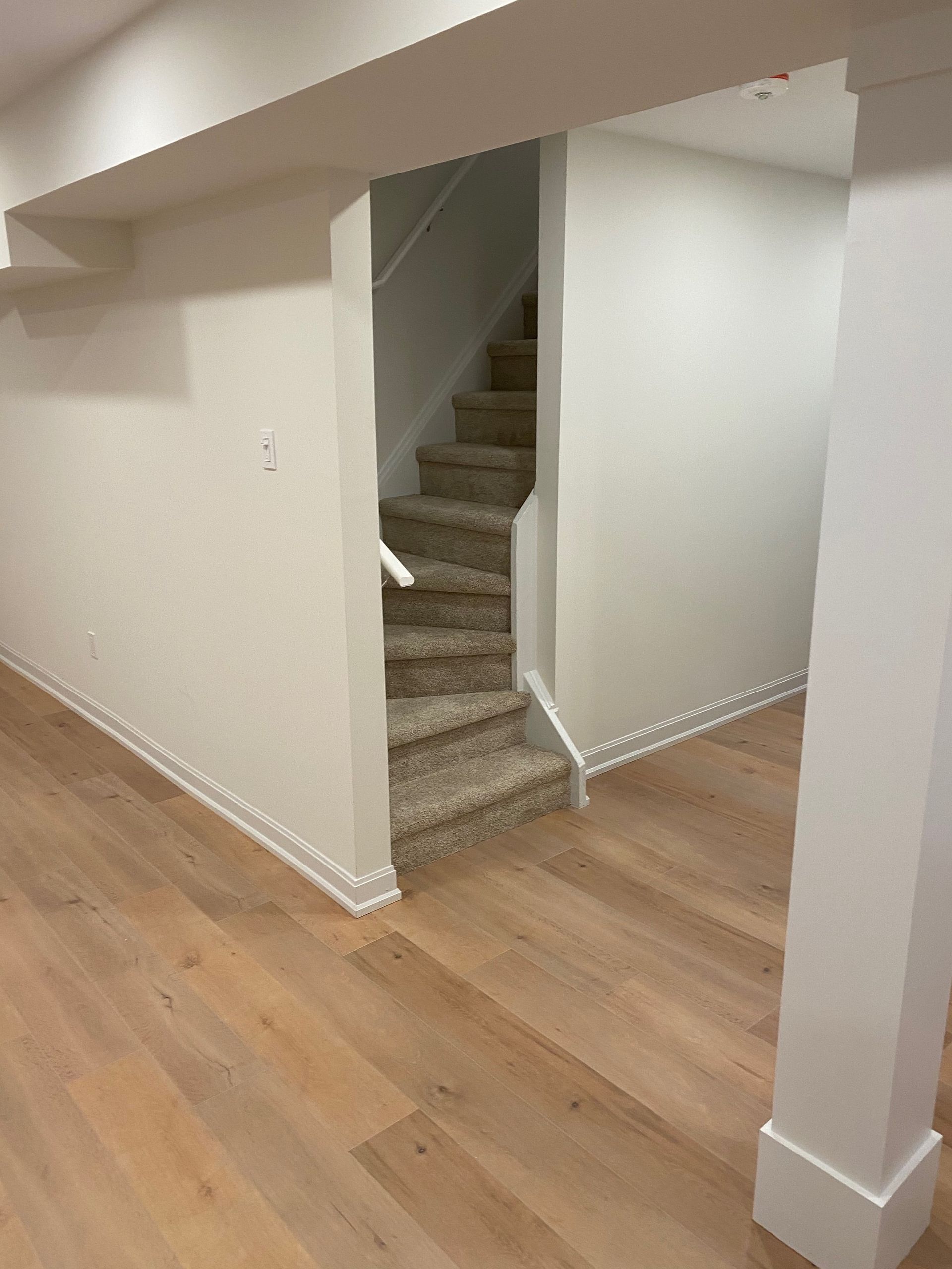 Basement interior with light wood flooring, white walls, carpeted stairs, and support columns.