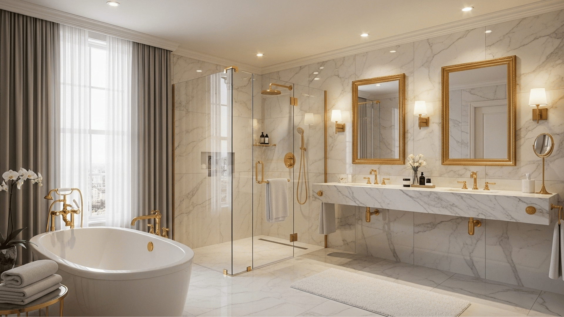 Luxurious marble bathroom tiles with soaking tub, glass shower, double vanity, and gold fixtures.