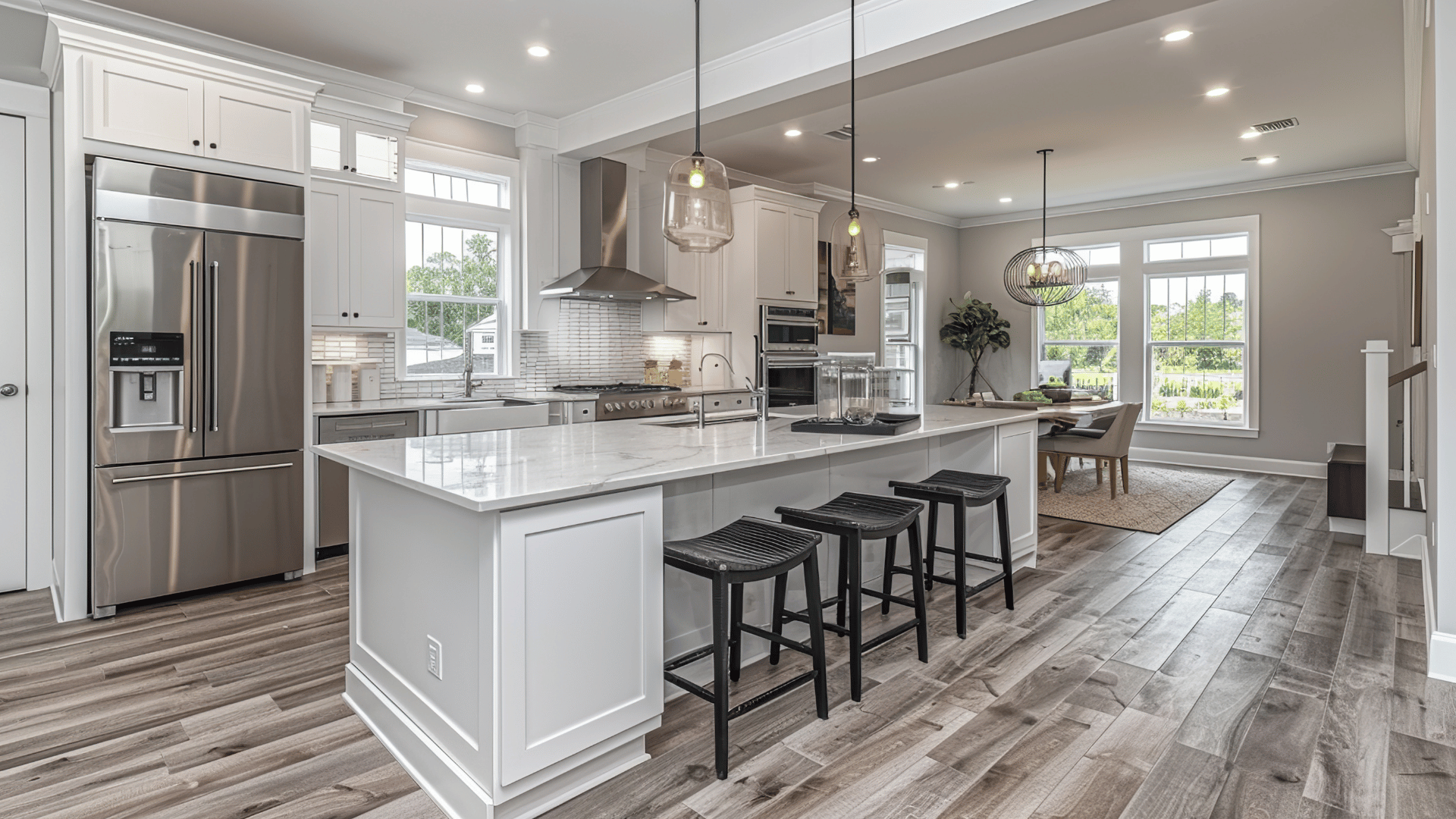 Modern white kitchen with stainless steel appliances, island seating, and open dining area with wood floors
