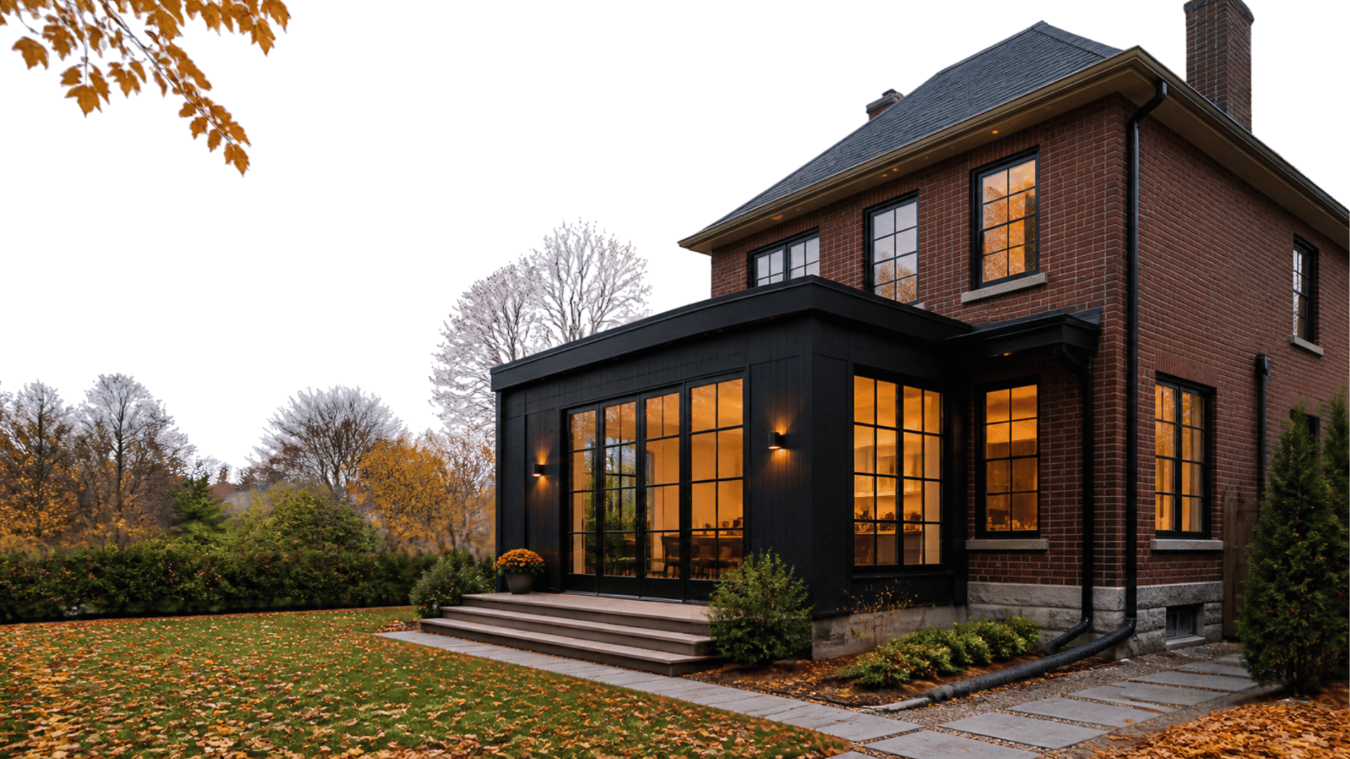Modern brick house with a dark sunroom, lit windows, and autumn leaves in the yard