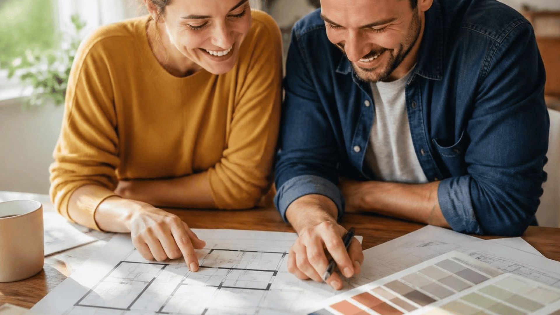 Two people smiling and reviewing design sketches at a table with fabric swatches