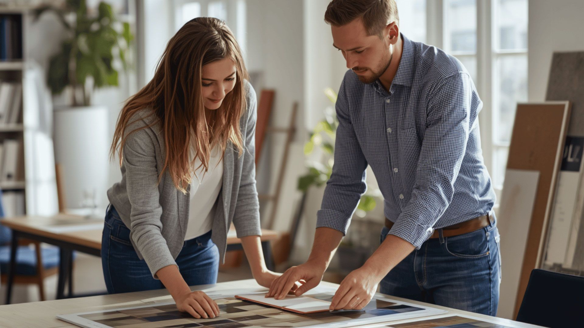 Two people reviewing architectural plans on a table in a bright office space