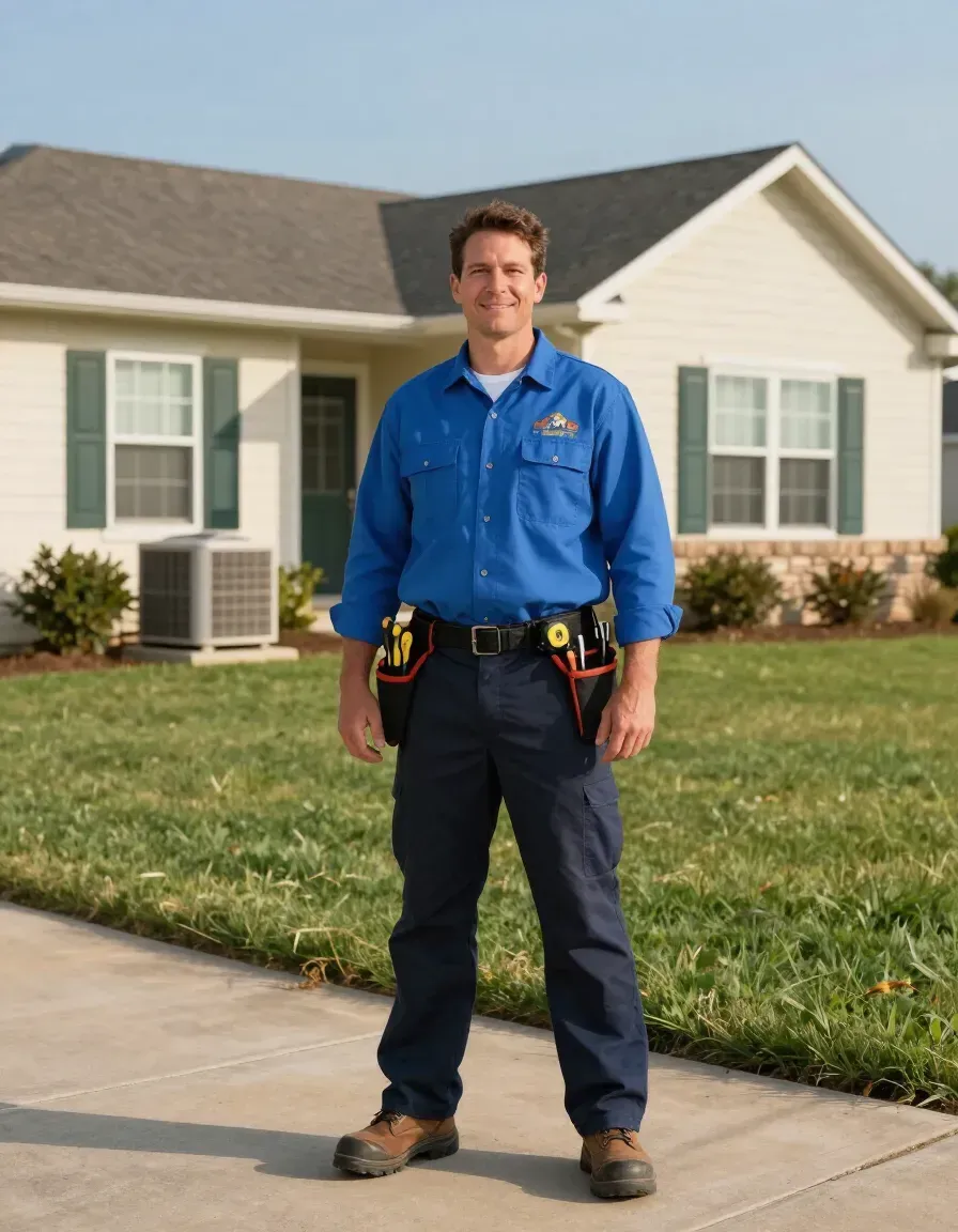 Man in blue work shirt standing on a sidewalk in front of a suburban house, wearing tools on his belt.