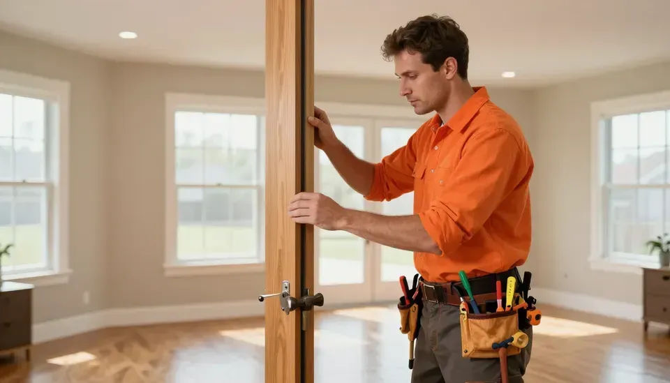 Handyman in orange shirt installing a wooden door in a bright room
