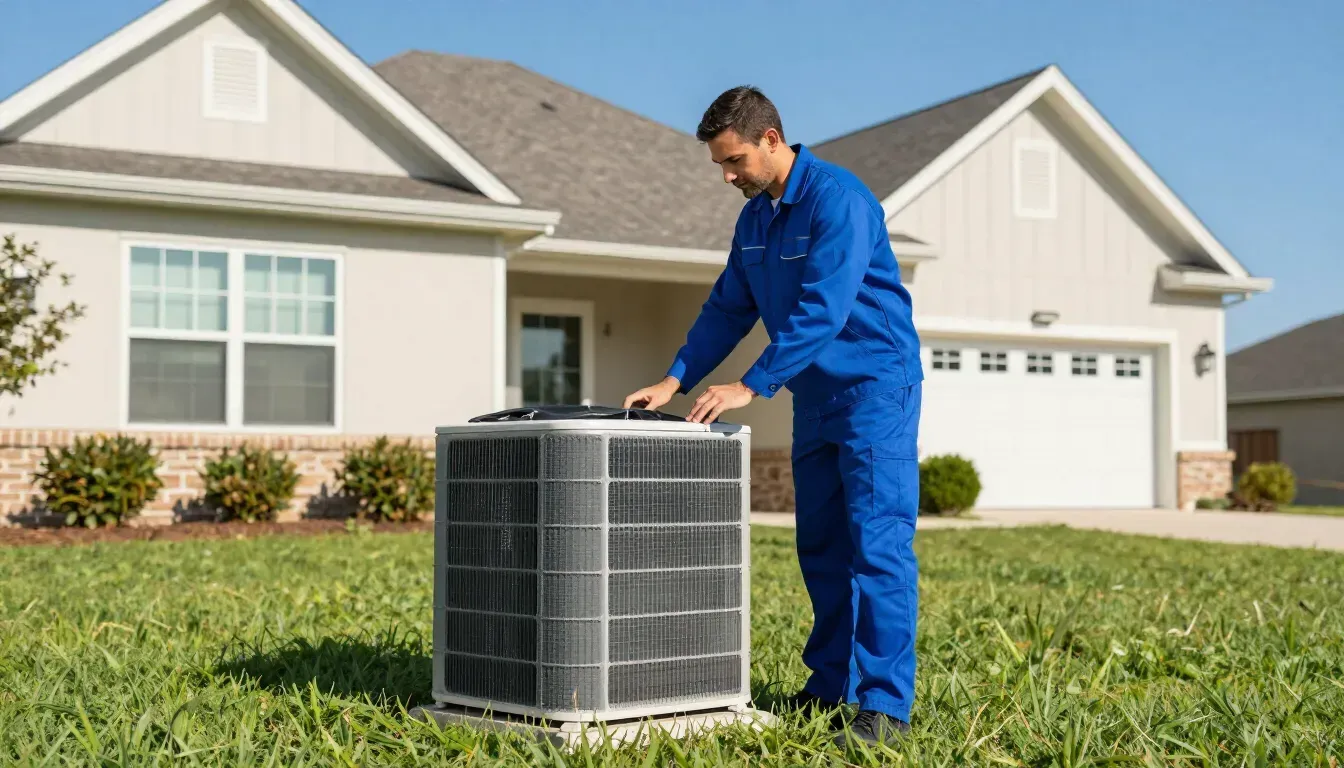 Technician in blue uniform inspecting an outdoor air conditioner unit in front of a suburban house