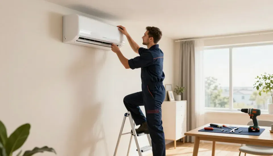 Man adjusting a wall-mounted air conditioner on a step ladder in a bright room