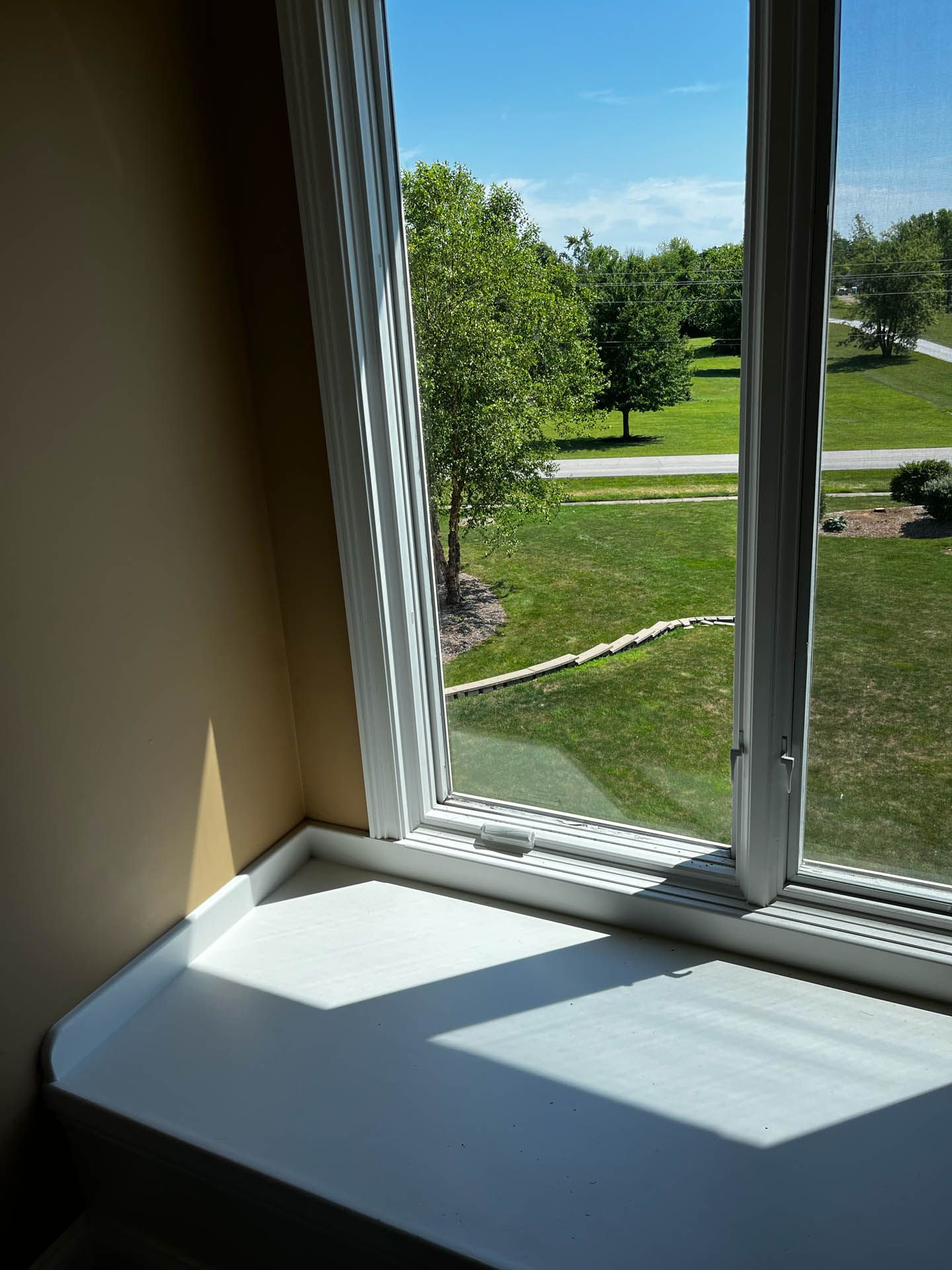 Sunlit window ledge overlooking a green lawn and trees on a clear day
