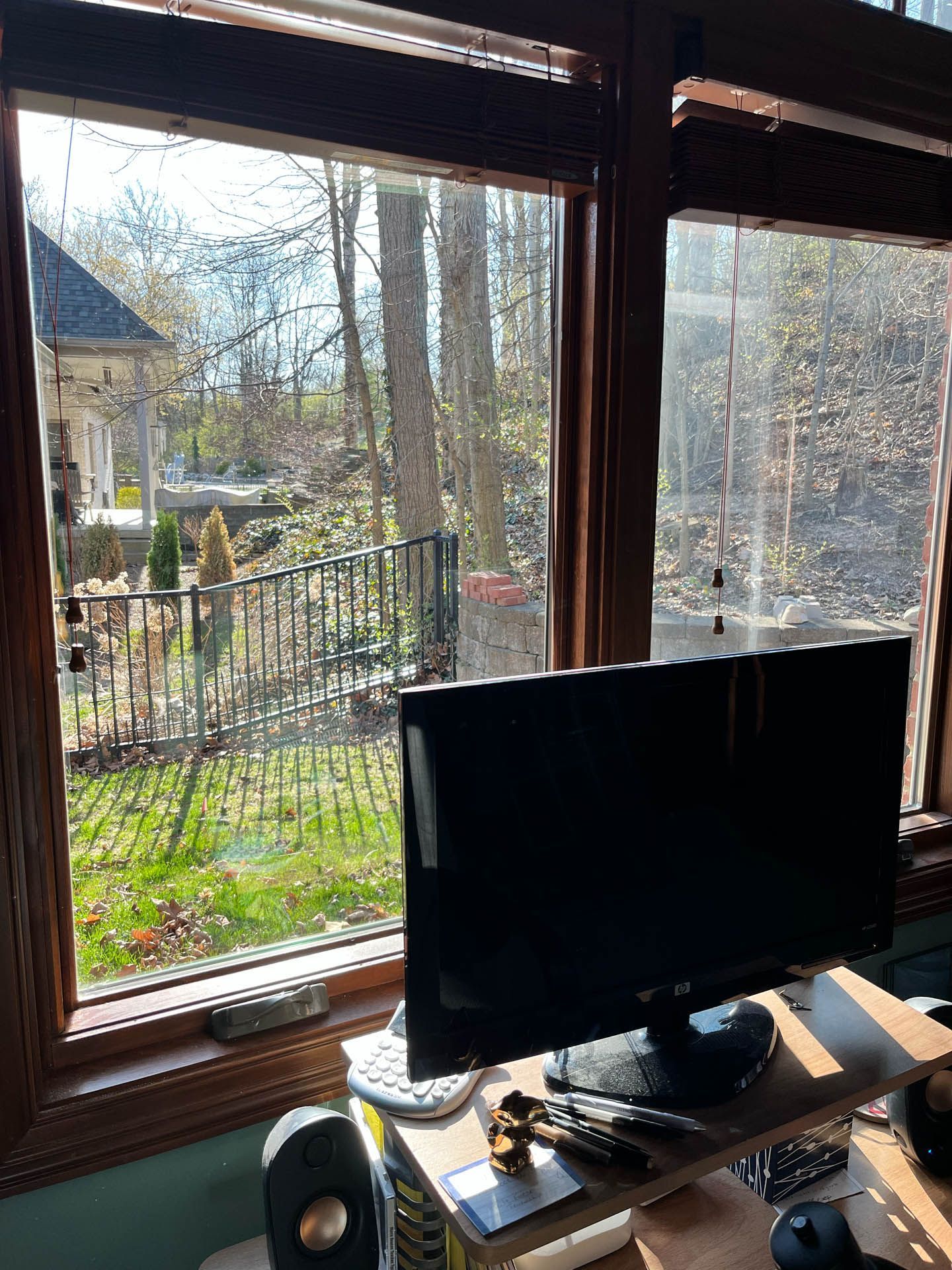 Desk with black monitor by a window overlooking a backyard and trees