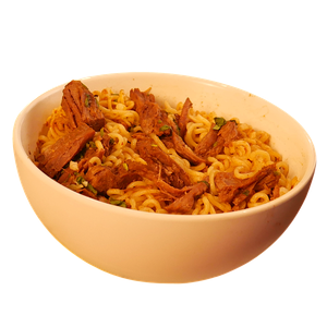 A white bowl filled with noodles and meat on a white background