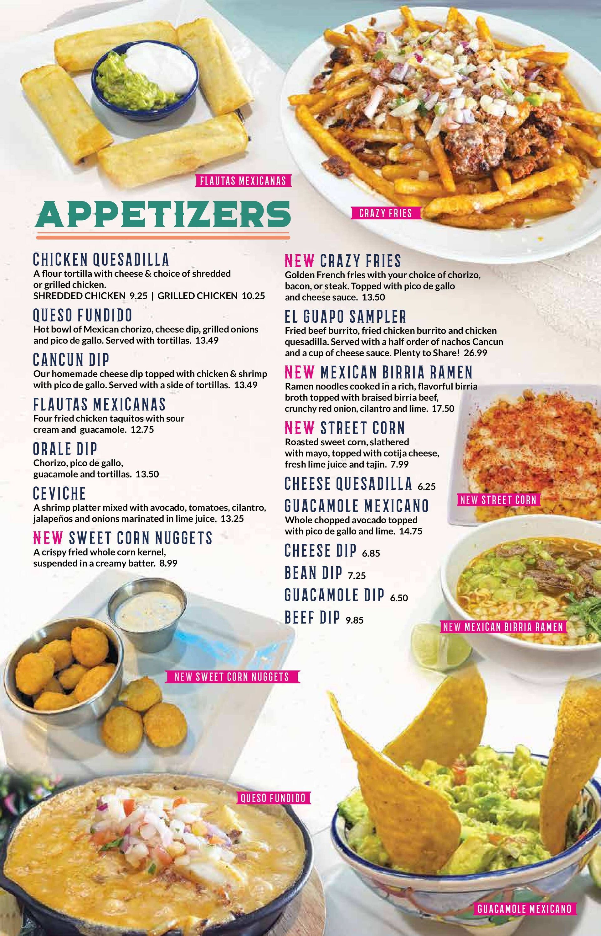 Restaurant appetizer menu page with photos of fries, wings, dip, fried bites, soup, and taquitos