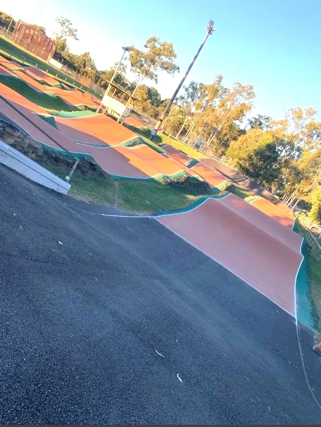 A skateboard park with a lot of ramps and trees in the background