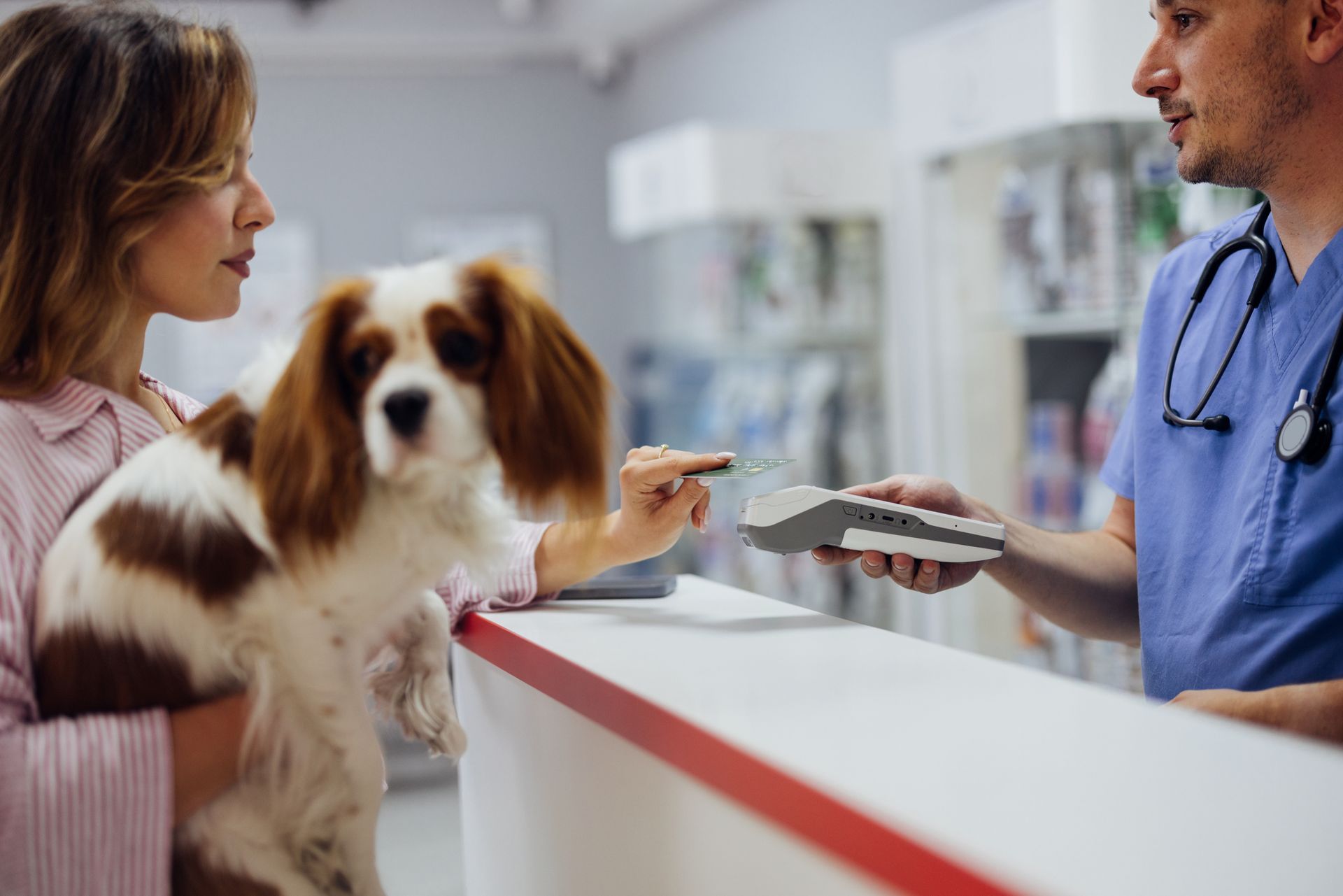 Woman paying vet bill with card; dog in arms at clinic.