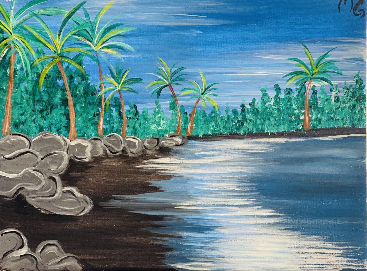 A painting of a beach with palm trees and rocks