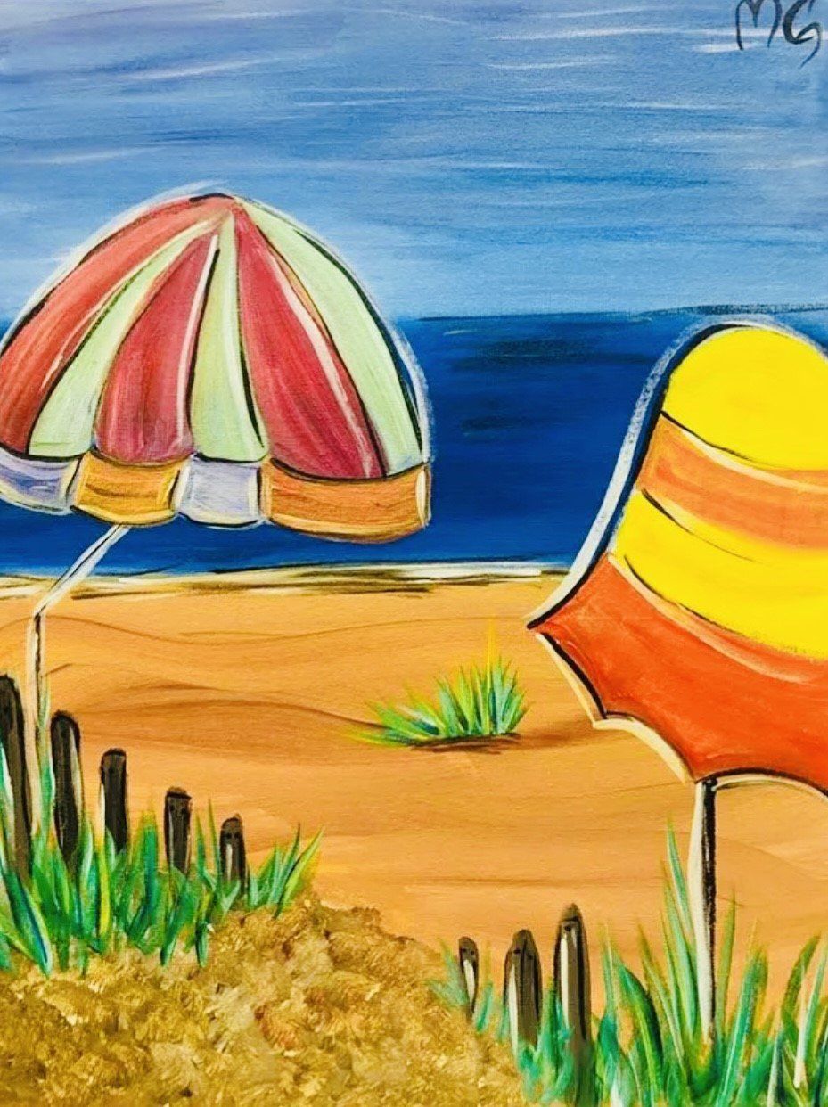 A painting of two colorful umbrellas on a beach.