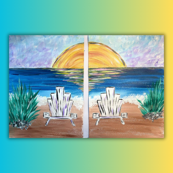 Split beach painting with two white chairs facing ocean sunsets on mirrored panels, framed by teal and yellow background