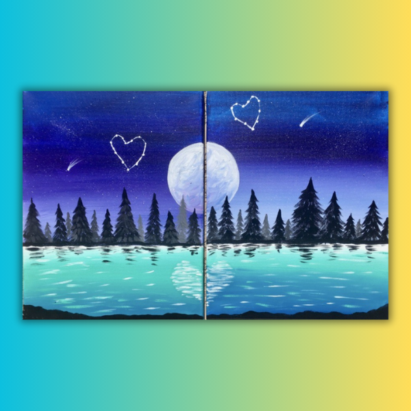 A moonlit lake scene split into two panels, with glowing hearts, pine trees, and a blue-to-yellow gradient background.