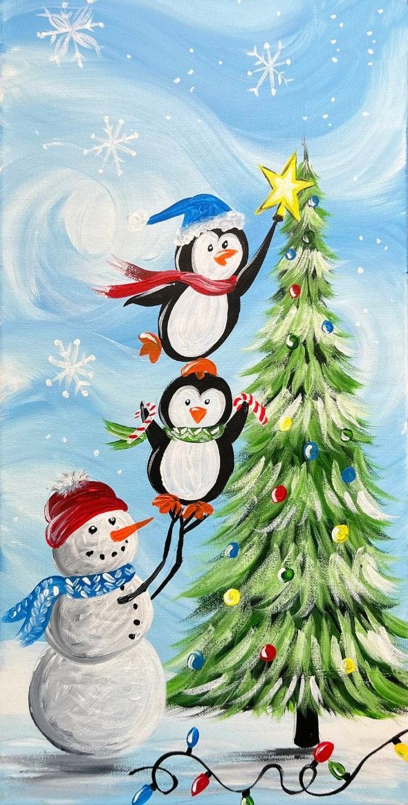 A painting of penguins and a snowman decorating a christmas tree.