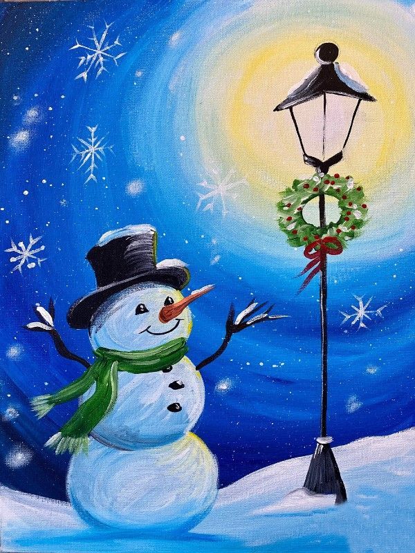 A painting of a snowman standing next to a lamp post with a wreath on it.