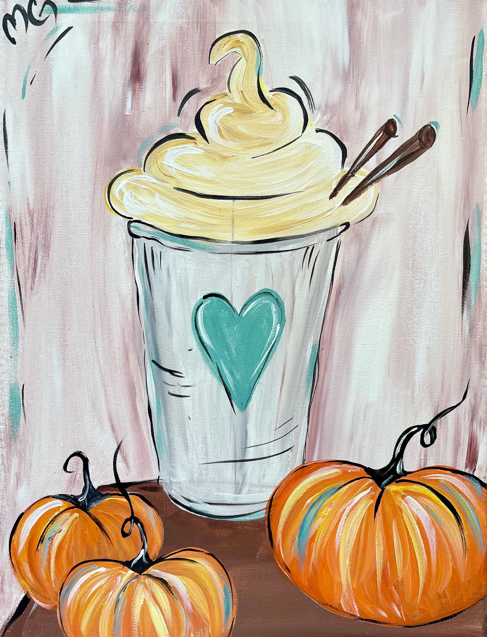 A painting of a cup of coffee with whipped cream and pumpkins.